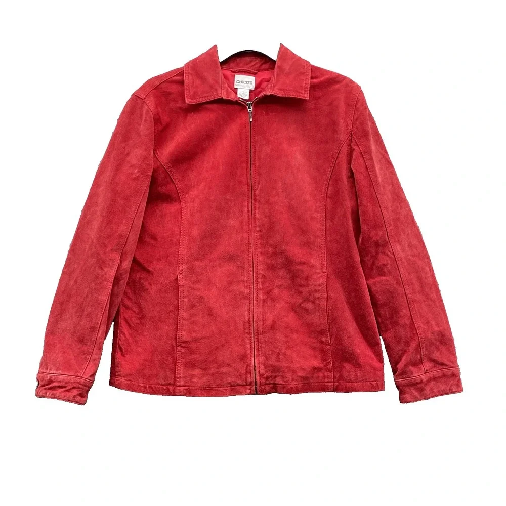 Chico's Suede Jacket Women's 1 Red Leather Y2k 70's Moto Chic Office 90s Classic